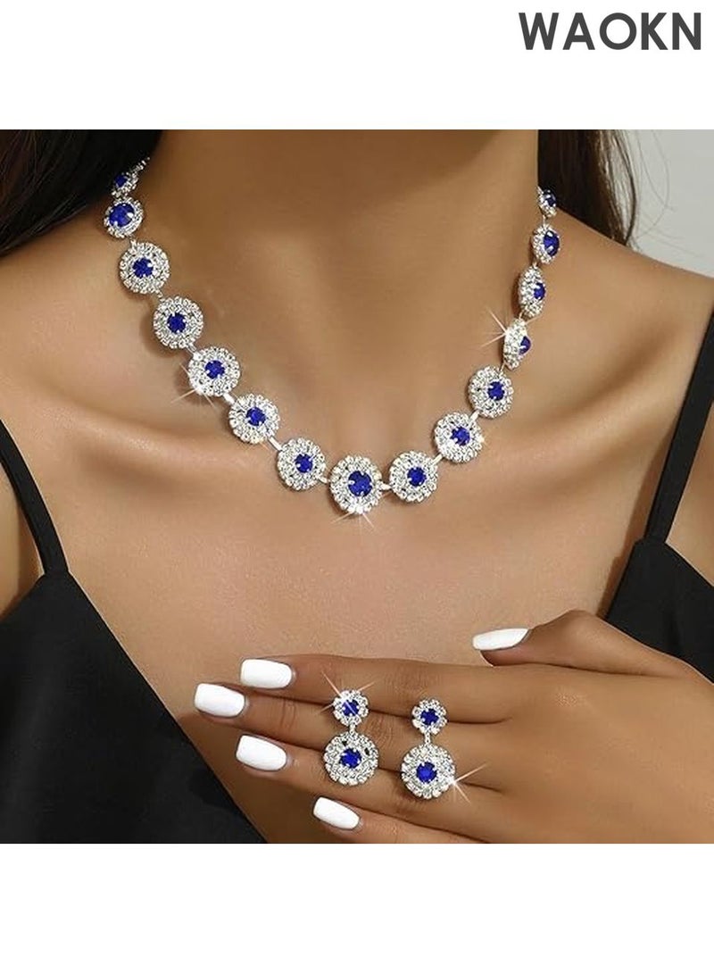WAOKN Bridal Jewelry Set - Rhinestone Necklace & Earrings for Weddings - Elegant Formal Costume Jewelry Set for Women, Brides & Bridesmaids - Sparkling Wedding Party Accessories - Perfect Gift for Bride（Blue） - Image 1