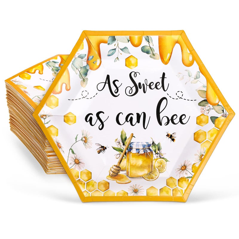 Whaline 50Pcs World Bee Day Paper Plates Watercolor Honey Hexagonal Disposable Plates Sweet as Can Bee Tableware for Baby Shower Birthday Party Decor