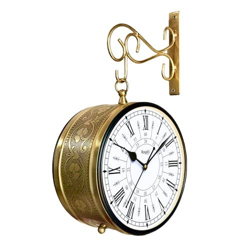 RoyalsCart Double Sided Vintage Wall Clock for Home & Living Room | Antique Golden Brass Finish Hanging Station Clock | Silent Non-Ticking Metal Wall Clock with 24-Hour Dials on Both Sides [KTWCGR8] - Image 1
