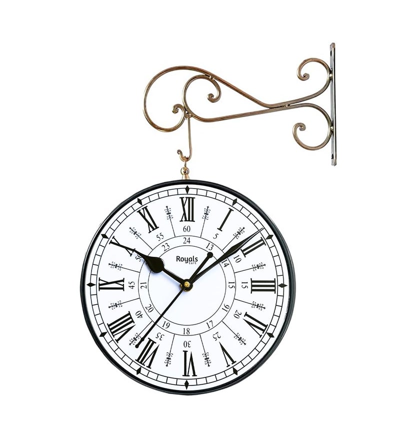 RoyalsCart Double Sided Vintage Wall Clock for Home & Living Room | Antique Golden Brass Finish Hanging Station Clock | Silent Non-Ticking Metal Wall Clock with 24-Hour Dials on Both Sides [KTWCGR8] - Image 4