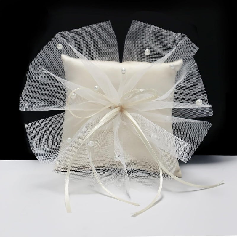 COSLANLEE Wedding Ring Bearer Pillow, Ring Cushion Holder Champagne Satin with Tulle Bow and Pearl Accents for Fall Wedding Ceremony Party Anniversary, 6x6 inches - Image 1