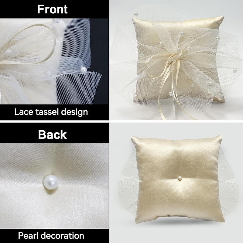 COSLANLEE Wedding Ring Bearer Pillow, Ring Cushion Holder Champagne Satin with Tulle Bow and Pearl Accents for Fall Wedding Ceremony Party Anniversary, 6x6 inches - Image 4