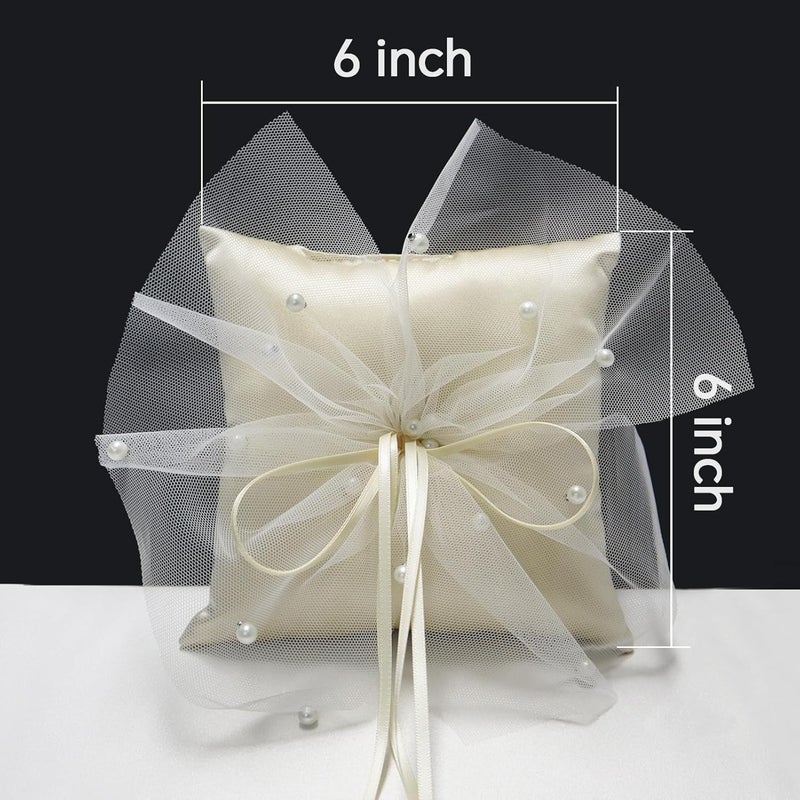 COSLANLEE Wedding Ring Bearer Pillow, Ring Cushion Holder Champagne Satin with Tulle Bow and Pearl Accents for Fall Wedding Ceremony Party Anniversary, 6x6 inches - Image 2