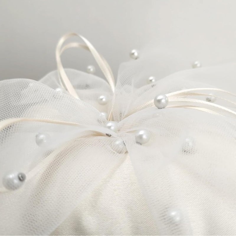 COSLANLEE Wedding Ring Bearer Pillow, Ring Cushion Holder Champagne Satin with Tulle Bow and Pearl Accents for Fall Wedding Ceremony Party Anniversary, 6x6 inches - Image 3