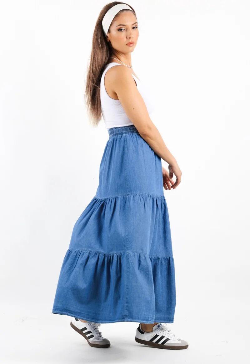 ريتنيس Women's Sporty Dark Blue Long Soft Jean Skirt