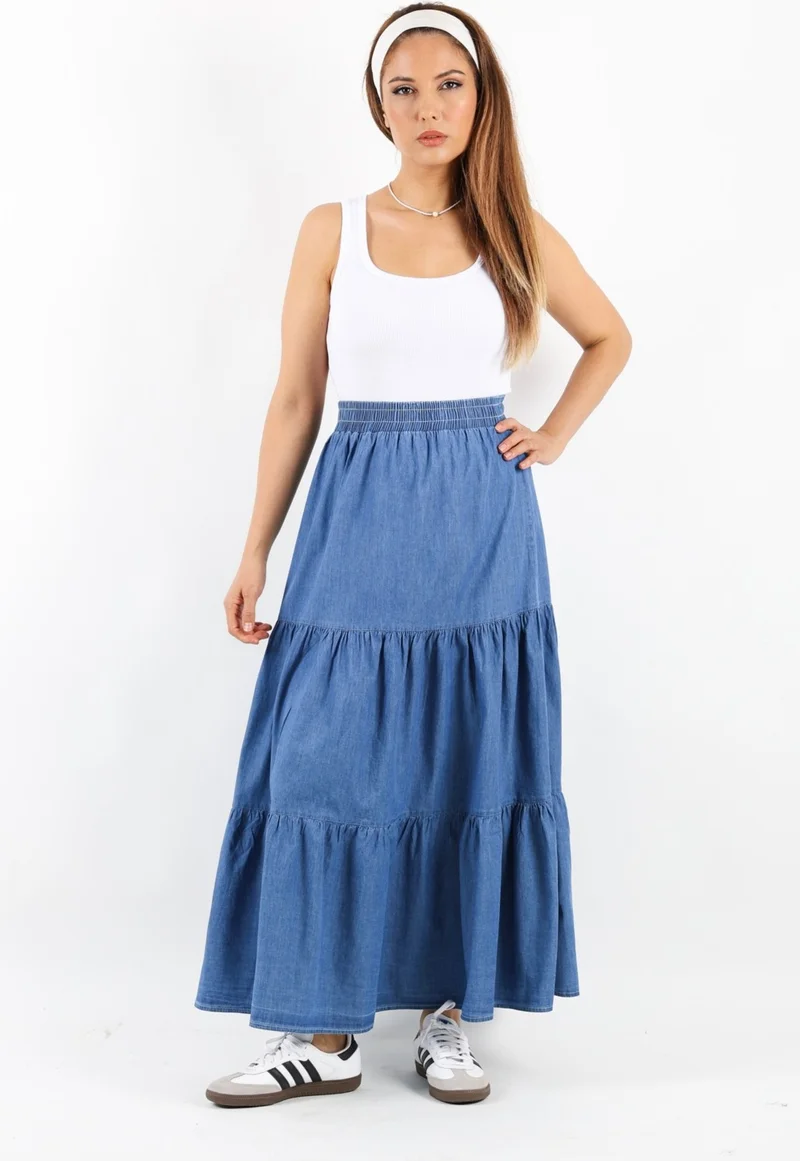 ريتنيس Women's Sporty Dark Blue Long Soft Jean Skirt