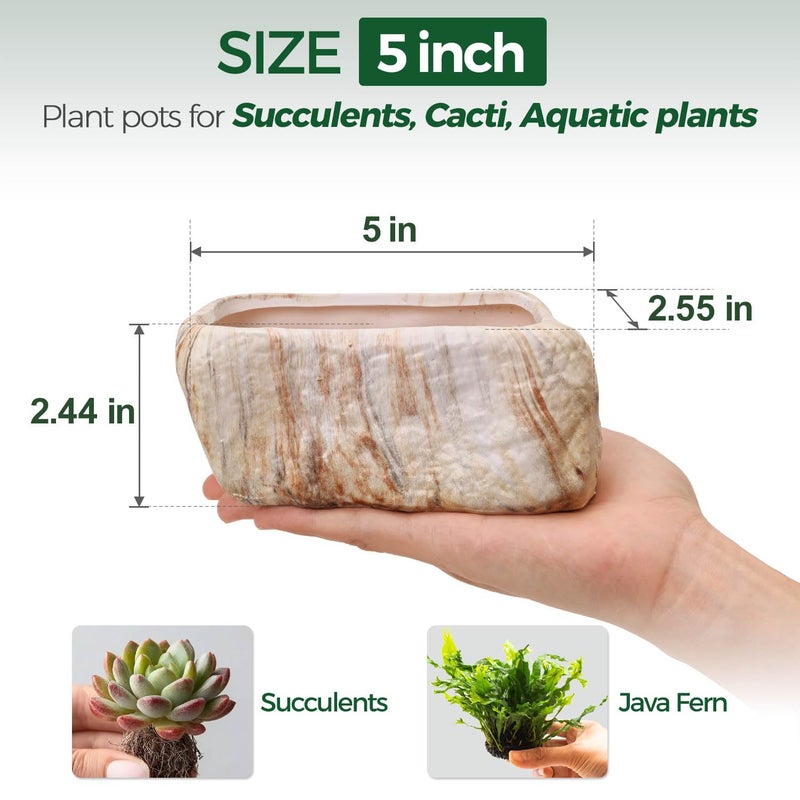 T4U 5.5 Inch Ceramic Succulent Pot Planter with Drainage Hole Set of 3, Stone Shape Rectangle Window Box Cactus Plant Containers Gift for Mom Sister Aunt Best for Home Office Table Desk Decoration - Image 2