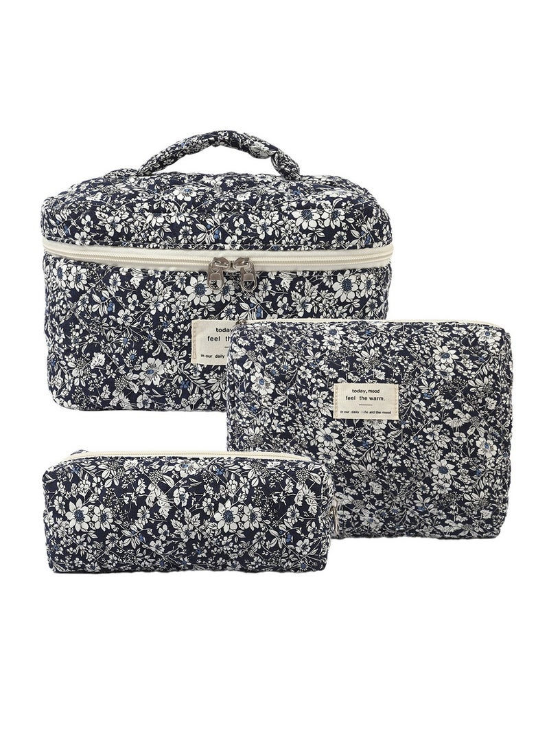 3-piece makeup bag, quilted makeup bag, women's daisy makeup bag, cute cotton makeup bag, travel toiletries storage bag