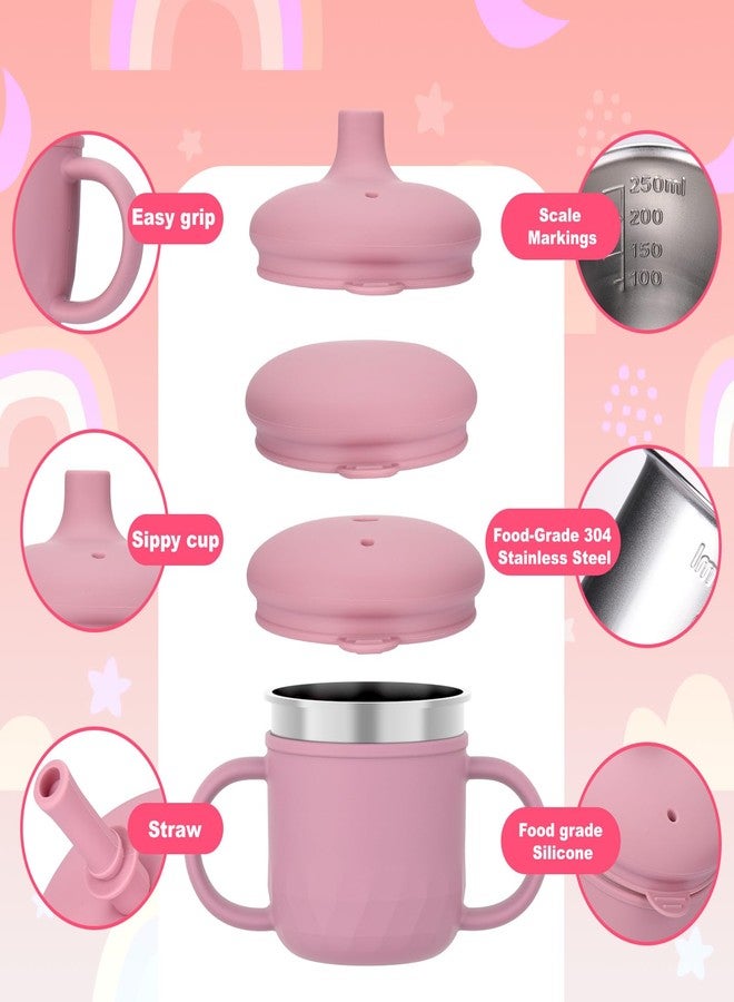 بوسوها أكواب الشرب المصنوعة من الفولاذ المقاوم للصدأ من BUSOHA - كوب شرب من السيليكون 3 في 1 للأطفال الصغار مع شفاطة وفرشاة وأكواب للأطفال مع غطاء وماصة سيليكون وأكواب مضادة للانسكاب للسفر، 8 أونصة، لون وردي - Image 4