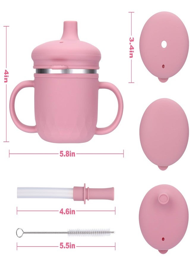 بوسوها أكواب الشرب المصنوعة من الفولاذ المقاوم للصدأ من BUSOHA - كوب شرب من السيليكون 3 في 1 للأطفال الصغار مع شفاطة وفرشاة وأكواب للأطفال مع غطاء وماصة سيليكون وأكواب مضادة للانسكاب للسفر، 8 أونصة، لون وردي - Image 2