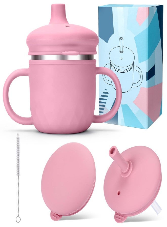 بوسوها أكواب الشرب المصنوعة من الفولاذ المقاوم للصدأ من BUSOHA - كوب شرب من السيليكون 3 في 1 للأطفال الصغار مع شفاطة وفرشاة وأكواب للأطفال مع غطاء وماصة سيليكون وأكواب مضادة للانسكاب للسفر، 8 أونصة، لون وردي - Image 1