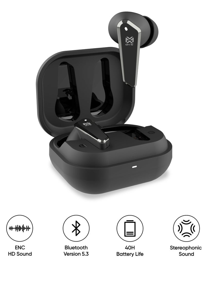 MYX SnapBuds MT52B True Wireless Earbuds | ENC Noise Cancelling with 4 Microphones | 40H Ultra-Long Battery Life | Bluetooth 5.3 | 11mm HD Sound Drivers | Fast Charging (45 Min) | Magnetic Compact Design | Compatible with iPhone, Samsung, Android - Black - Image 1