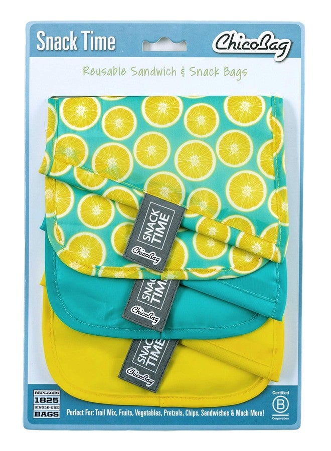 ChicoBag Snack Time rePETe Reusable Sandwich Bags w/Secure Hook & Loop | Perfect for Sandwiches & Snacks | Eco-Conscious Baggies | Easy to Clean | Lemon Pattern (Pack of 3) - Image 1