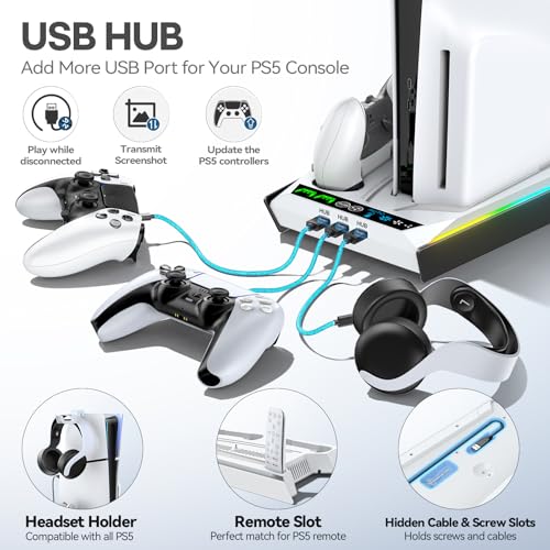 Rysker PS-5/Slim/Pro Stand for Disc & Digital Version, PS-5 Cooling Station with RGB Ambient Lighting, Controller Charger Built-in 3 Level Fan, PS-5 Cooling Stand with 3 USB Ports - Image 5