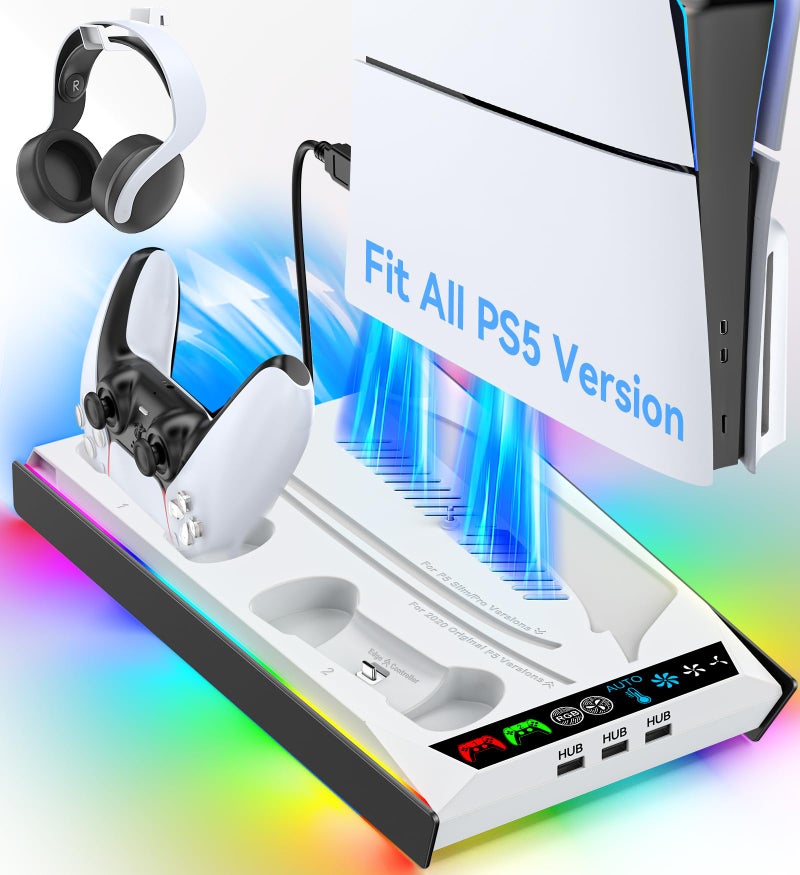 Rysker PS-5/Slim/Pro Stand for Disc & Digital Version, PS-5 Cooling Station with RGB Ambient Lighting, Controller Charger Built-in 3 Level Fan, PS-5 Cooling Stand with 3 USB Ports - Image 1
