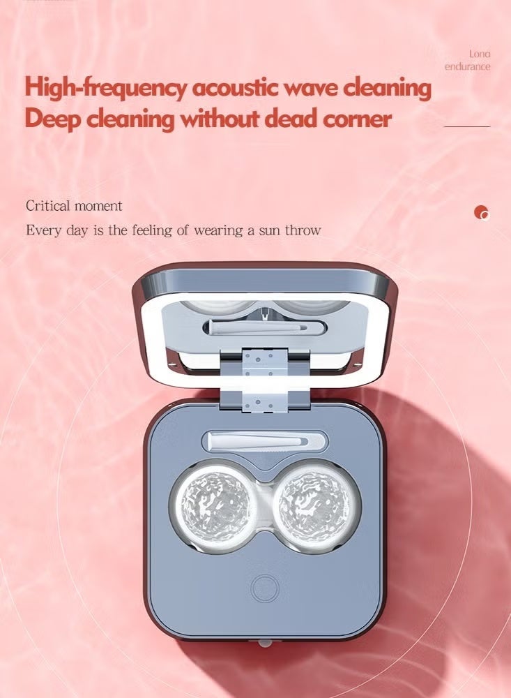 حافظة عدسات لاصقة محمولة 3 في 1 مع وظيفة التنظيف، منظف عدسات لاصقة كهربائي للتنظيف بالاهتزاز مع وظيفة شحن USB، مرآة مكياج بإضاءة LED للعناية اليومية لتنظيف العدسات اللاصقة بسرعة.