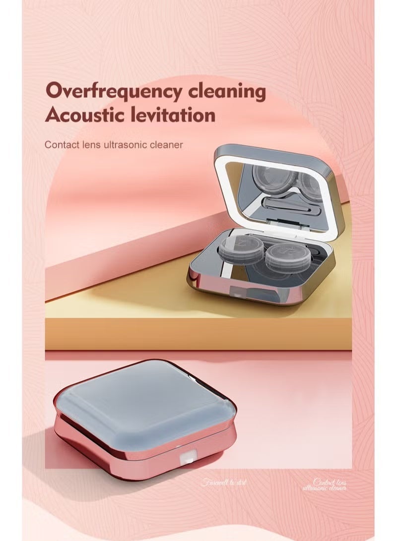 حافظة عدسات لاصقة محمولة 3 في 1 مع وظيفة التنظيف، منظف عدسات لاصقة كهربائي للتنظيف بالاهتزاز مع وظيفة شحن USB، مرآة مكياج بإضاءة LED للعناية اليومية لتنظيف العدسات اللاصقة بسرعة.