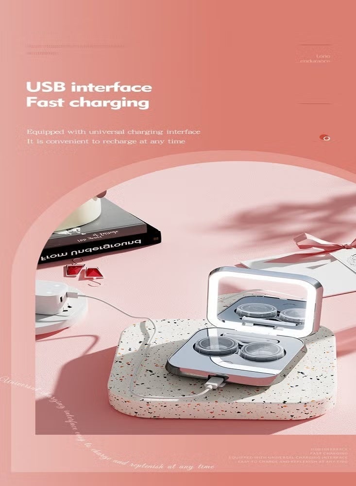 حافظة عدسات لاصقة محمولة 3 في 1 مع وظيفة التنظيف، منظف عدسات لاصقة كهربائي للتنظيف بالاهتزاز مع وظيفة شحن USB، مرآة مكياج بإضاءة LED للعناية اليومية لتنظيف العدسات اللاصقة بسرعة.
