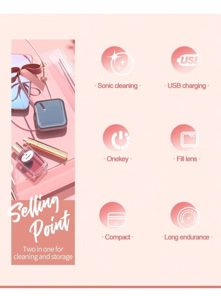 حافظة عدسات لاصقة محمولة 3 في 1 مع وظيفة التنظيف، منظف عدسات لاصقة كهربائي للتنظيف بالاهتزاز مع وظيفة شحن USB، مرآة مكياج بإضاءة LED للعناية اليومية لتنظيف العدسات اللاصقة بسرعة.