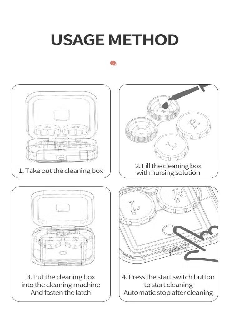 حافظة عدسات لاصقة محمولة 3 في 1 مع وظيفة التنظيف، منظف عدسات لاصقة كهربائي للتنظيف بالاهتزاز مع وظيفة شحن USB، مرآة مكياج بإضاءة LED للعناية اليومية لتنظيف العدسات اللاصقة بسرعة.