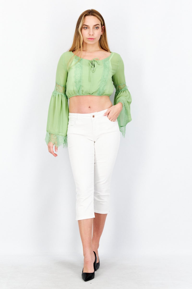 Reserved Women Tie Neck Long Sleeve Textured Blouse, Light Green - Image 3