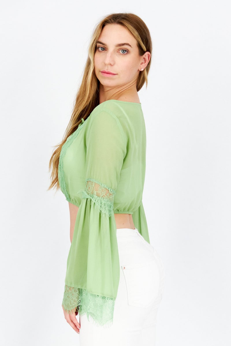Reserved Women Tie Neck Long Sleeve Textured Blouse, Light Green - Image 4