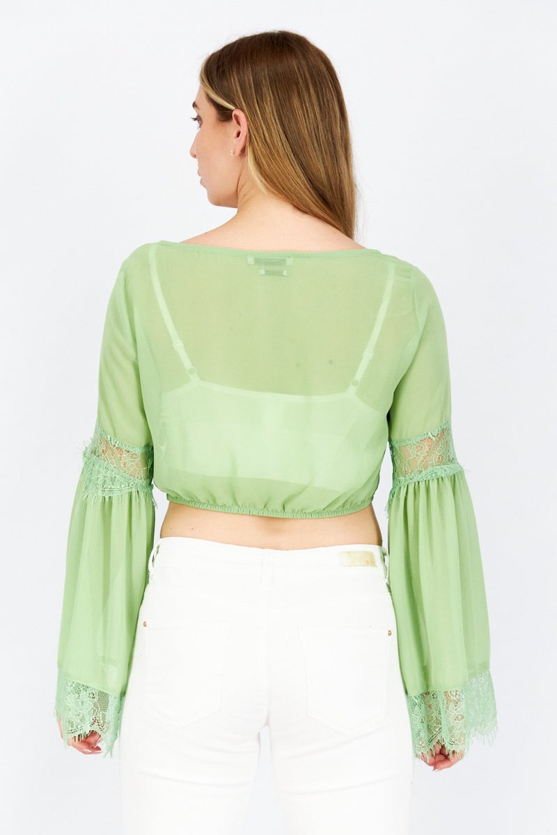 Reserved Women Tie Neck Long Sleeve Textured Blouse, Light Green - Image 2