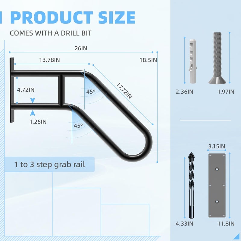 YEOOE Handrails for Outdoor Steps Wall Mount, Railings for 1-3 Steps, U-Shaped Handrail with Matte Black Finished, Stair Handrails for Kids, Elderly, Pregnant Women, Disabled (26" Length, Black) - Image 2