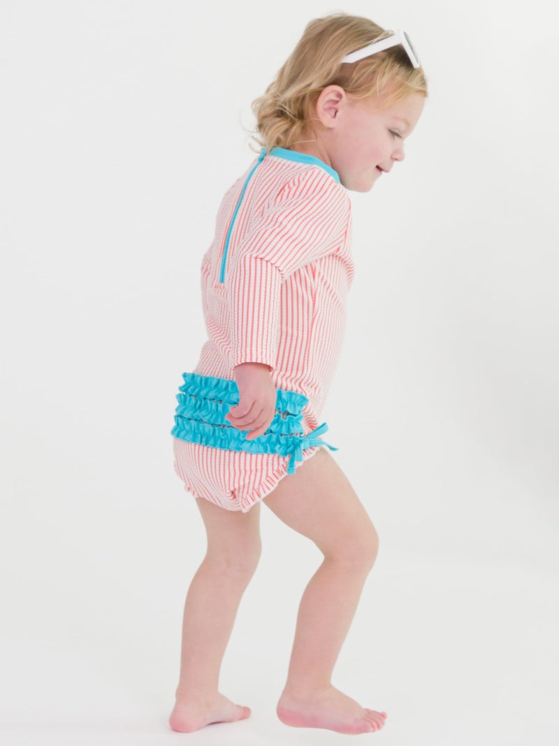 RuffleButts Baby-Girls Seersucker Long Sleeve Rash Guard - One Piece Swimsuit UPF 50+ Toddler - Image 2