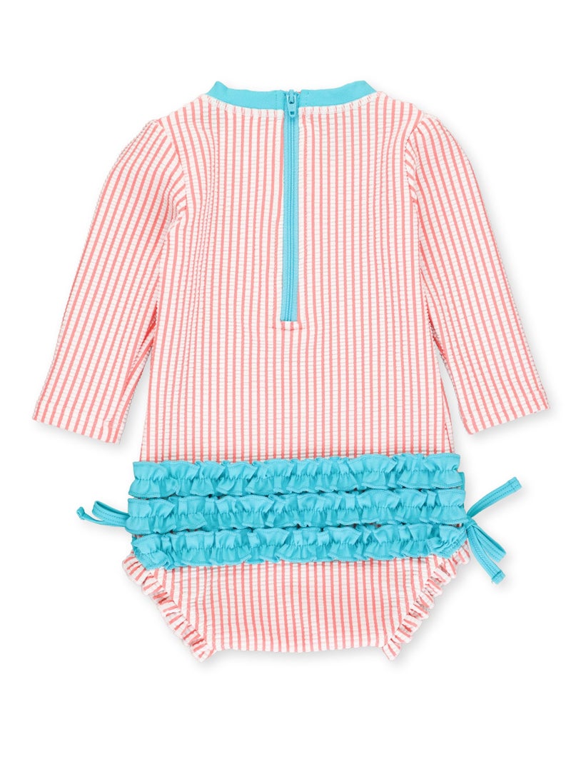 RuffleButts Baby-Girls Seersucker Long Sleeve Rash Guard - One Piece Swimsuit UPF 50+ Toddler - Image 3