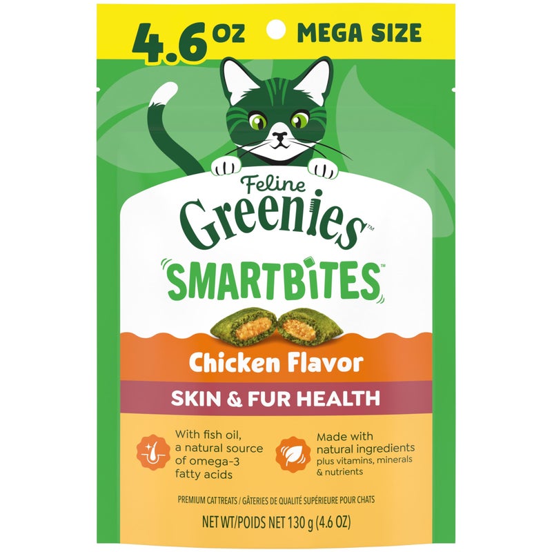 Greenies Cat Treats, Feline Smartbites, Skin & Fur Health, Crunchy and Soft Cat Treats, Chicken Flavor, 4.6 oz. Pack - Image 1