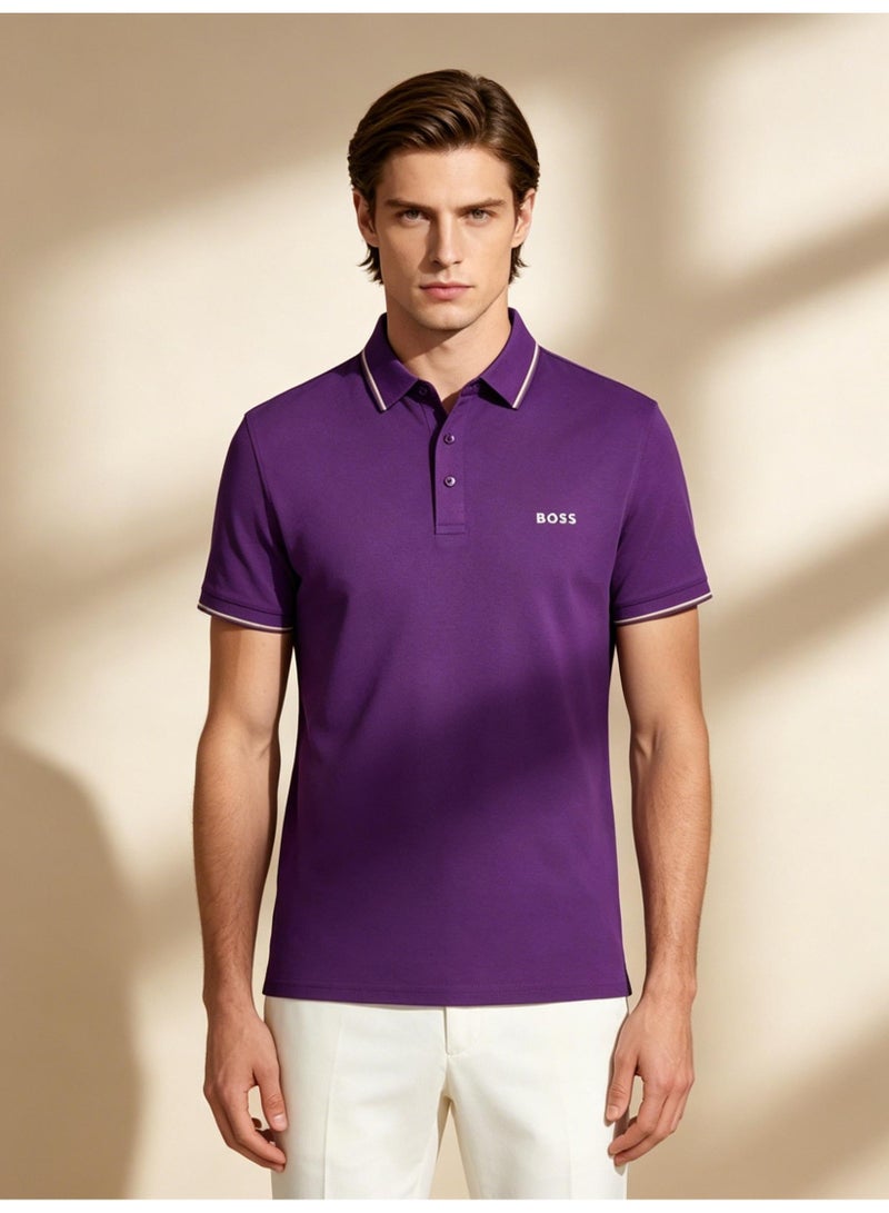 BOSS Men Short Sleeve Tipped Collar Polo Shirt Slim Fit Semi Formal Holiday Golf Summer Casual Wear Purple - Image 1