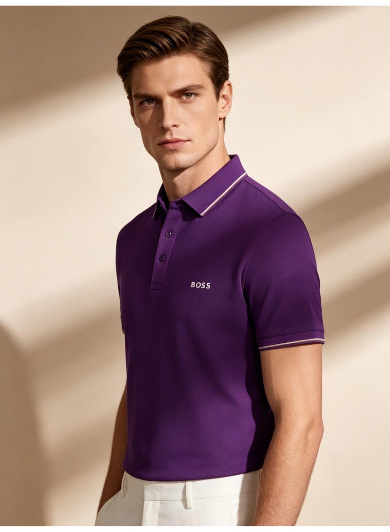 BOSS Men Short Sleeve Tipped Collar Polo Shirt Slim Fit Semi Formal Holiday Golf Summer Casual Wear Purple - Image 3