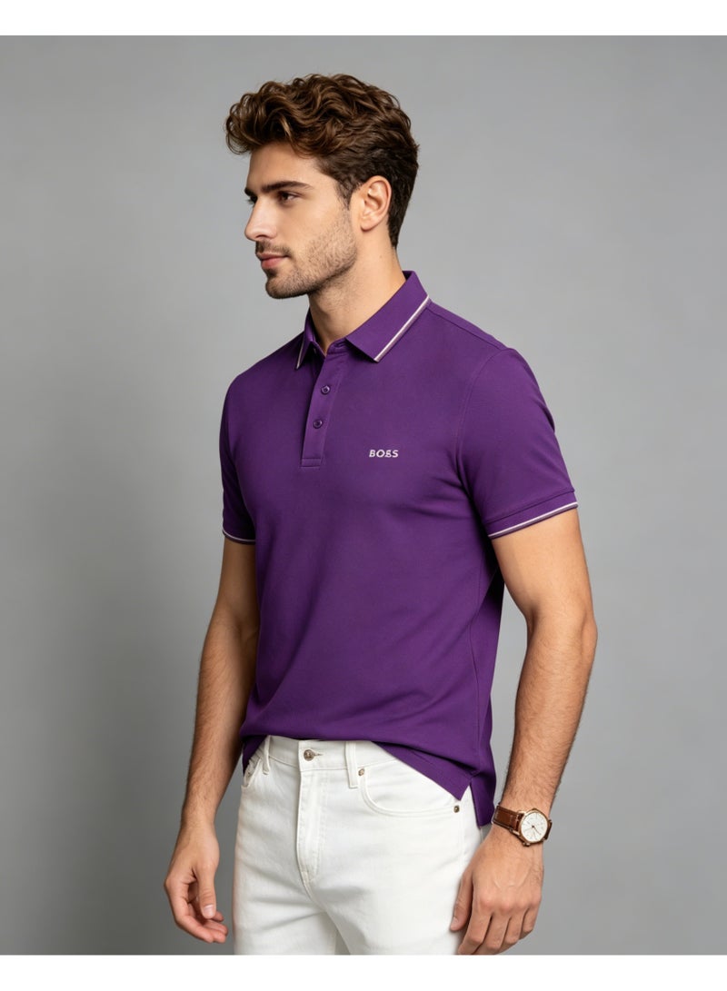 BOSS Men Short Sleeve Tipped Collar Polo Shirt Slim Fit Semi Formal Holiday Golf Summer Casual Wear Purple - Image 4