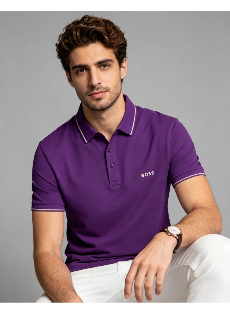 BOSS Men Short Sleeve Tipped Collar Polo Shirt Slim Fit Semi Formal Holiday Golf Summer Casual Wear Purple - Image 2