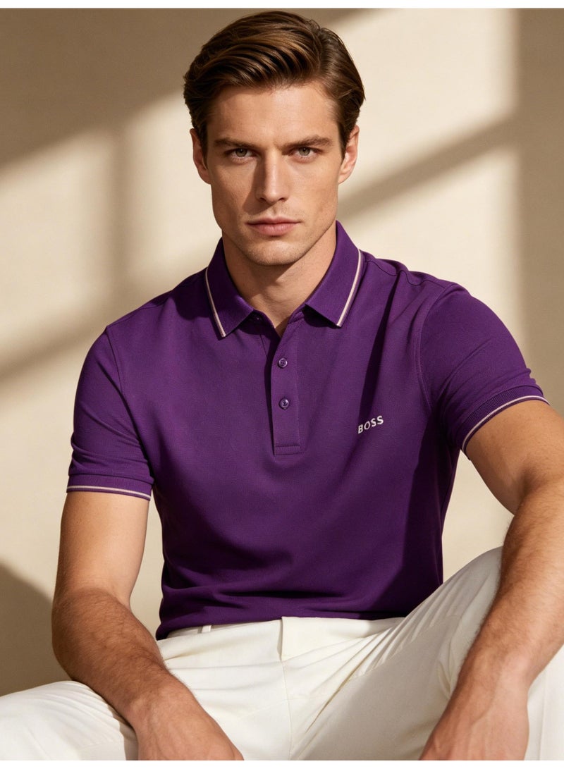 BOSS Men Short Sleeve Tipped Collar Polo Shirt Slim Fit Semi Formal Holiday Golf Summer Casual Wear Purple - Image 5