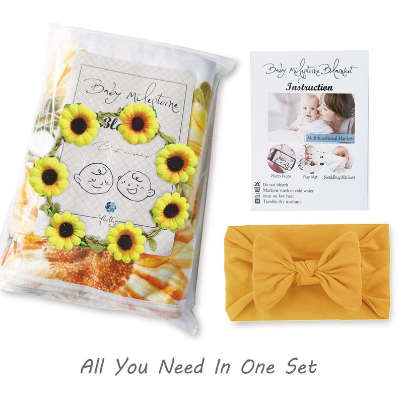 Yoothy Sunflower Baby Monthly Milestone Blanket Girl, Floral Newborns Month Blanket Gift for Baby Shower, Soft Plush Photo Prop Blanket, Wreath &Headband Included, 45''x40'' - Image 2