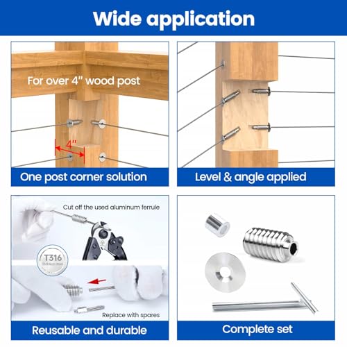 Muzata [Patent] Muzata 20 Pack 1/8" Invisible Cable Railing Kit Hardware Swage Lag Screw Hidden for 4x4 6x6 8x8 Wood Posts T316 Stainless Steel Deck Cable Railing System 10 Pairs CR73 - Image 4
