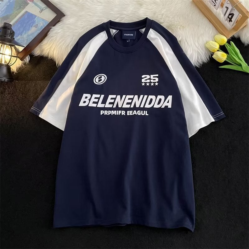 Generic Stitching contrast color short-sleeved T-shirt mens Spring American retro fashion brand Harajuku style all-match couple motorcycle clothing T-shirt Blue - Image 1