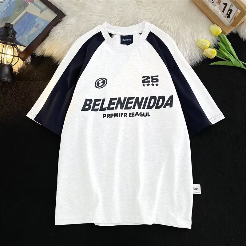 Generic Stitching contrast color short-sleeved T-shirt mens Spring American retro fashion brand Harajuku style all-match couple motorcycle clothing T-shirt Blue - Image 2