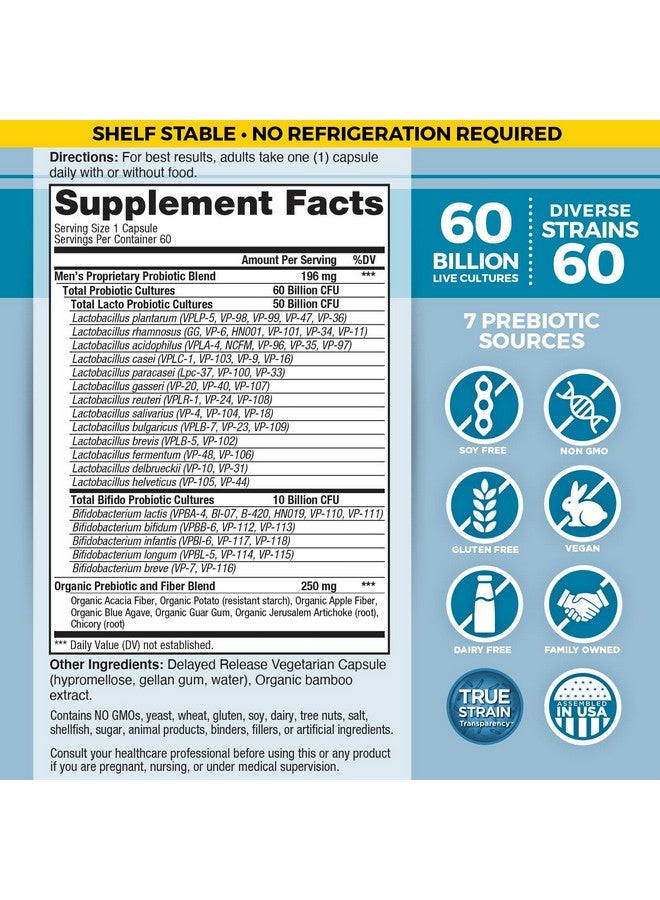 Vital Planet - Vital Flora Men’s Daily Probiotic, 60 Billion CFU, 60 Diverse Strains, 7 Organic Prebiotics, Immune Support, Gas Relief, Digestive Health Shelf Stable Probiotics for Men 60 Capsules - Image 2