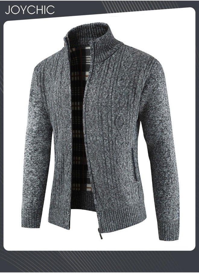 NIBEMINENT - Winter Cardigan Men Casual Autumn Zip Thick Knitted Sweater Pockets Warm Jacket Slim Coat Dark Grey - Image 1