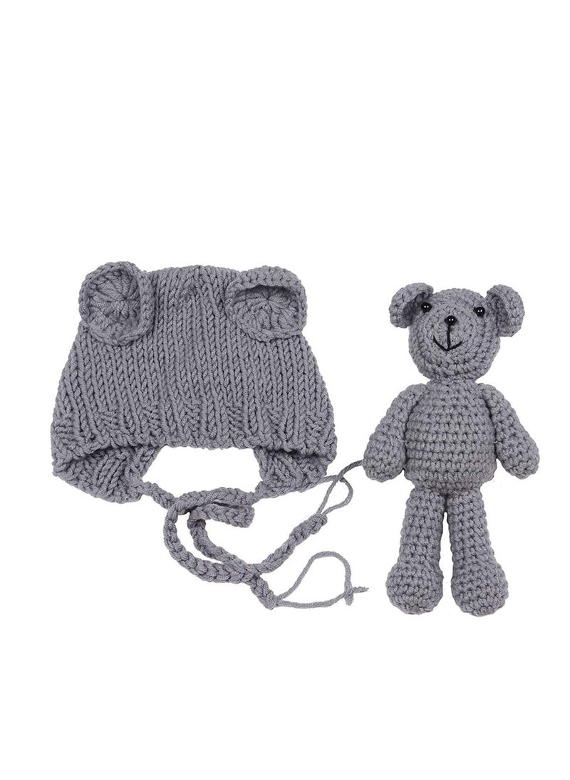 Newborn Photography Props Crochet Bear Bunny Hat Doll Set, Gift Set, Knitted Photo Costume for Baby Boys and Girls(Grey) - Image 1