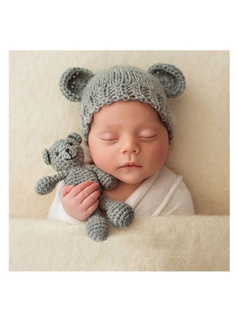 Newborn Photography Props Crochet Bear Bunny Hat Doll Set, Gift Set, Knitted Photo Costume for Baby Boys and Girls(Grey) - Image 2