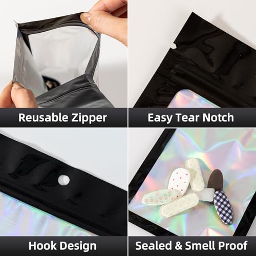 Motomy 100Pcs Black Holographic Mylar Bags, 3x4.7 Inch Resealable Foil Zipper Pouches for Gummies, Jewelry Storage, Party Favors, Small Business Packaging - Image 5