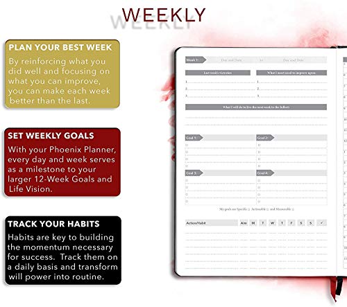 Phoenix Planner The Phoenix Planner - Best Daily Calendar and Agenda for Goal Setting, Boost Happiness and Productivity - Gratitude Journal, Habit Tracker, Quarterly Business Planner - 6 Months, Undated (Crimson) - Image 5