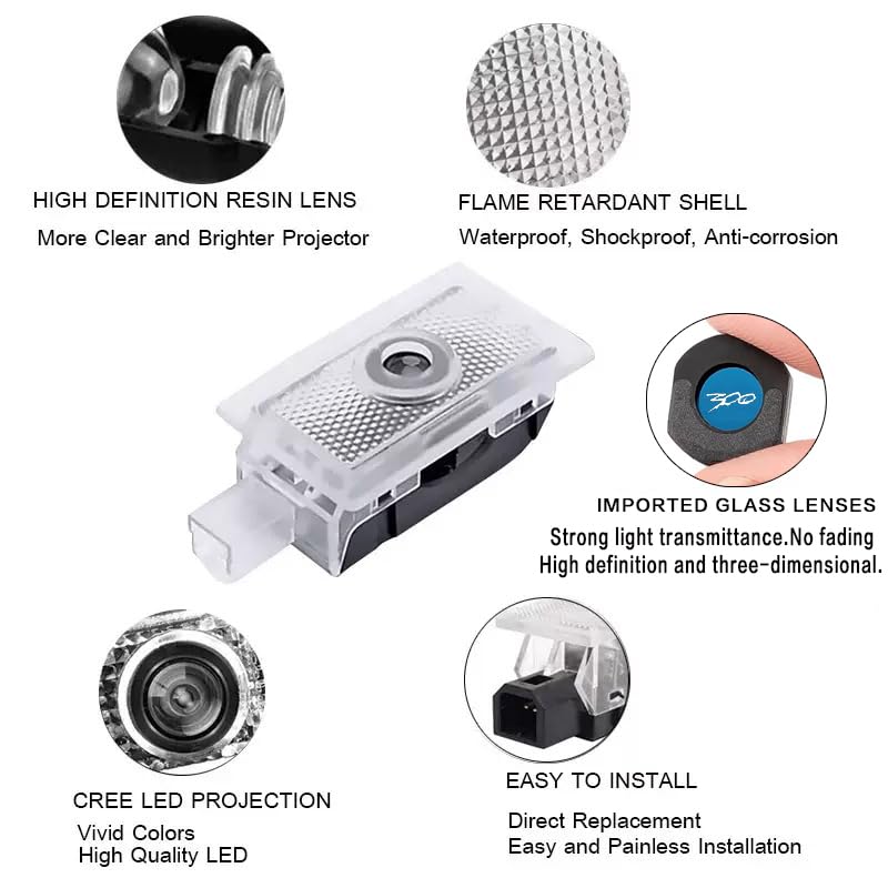 JUNMEI 2PCS LED Car Door Logo Projector Lights for 300 300C 300S 2005-present Ghost Shadow Light Laser Courtesy Step Lights Puddle Lamp Accessories (White) - Image 3