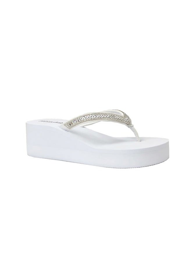 REDVOLUTION New Women's Rhinestone Sandals Platform T-Strap Jewel Sandals High Wedge Flip Flops, Gem [White], 7 - Image 1