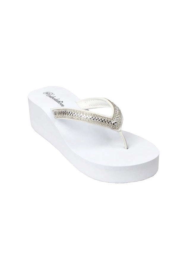 REDVOLUTION New Women's Rhinestone Sandals Platform T-Strap Jewel Sandals High Wedge Flip Flops, Gem [White], 7 - Image 3