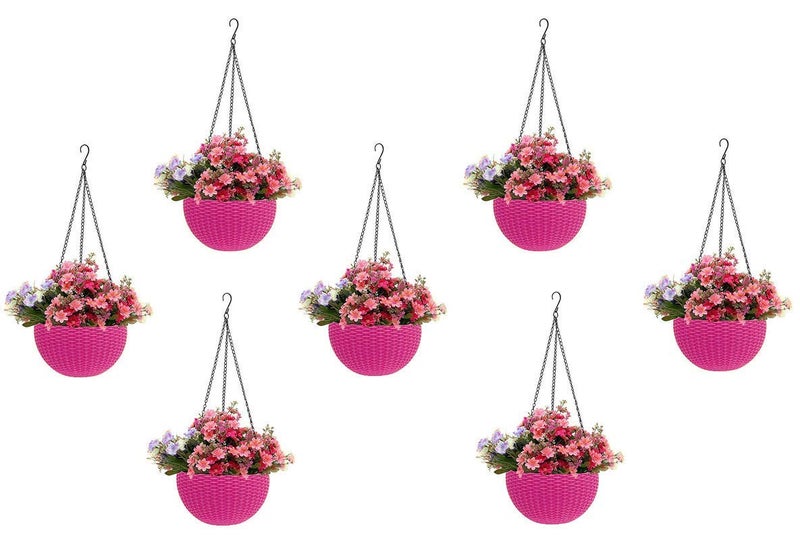 Bianco Round Rattan Woven Hanging Planters with Hanging Chain, Hanging Pots for Plants Balcony (Pink, Set of 7, 7.1x4.8 Inch) - Image 5